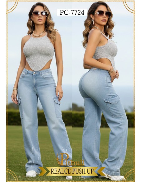 Pantalón Colombiano Pitbull | Bota Recta Cargo Azul | PC7724