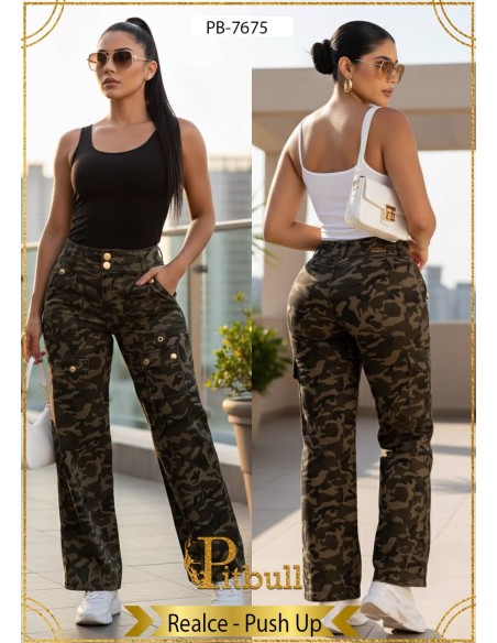 Pantalón Cargo Camuflaje Pitbull PB7675  Diseño Urbano con Push-Up y Realce