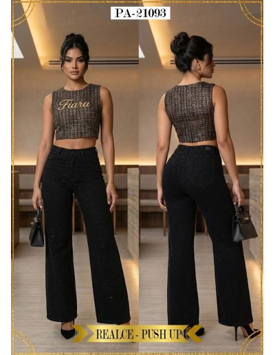Pantalón Colombiano Wide Leg Fiara PA21093 | Corte Ancho Con Brillo Moderno