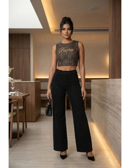 Pantalón Colombiano Wide Leg Fiara PA21093 | Corte Ancho Con Brillo Moderno