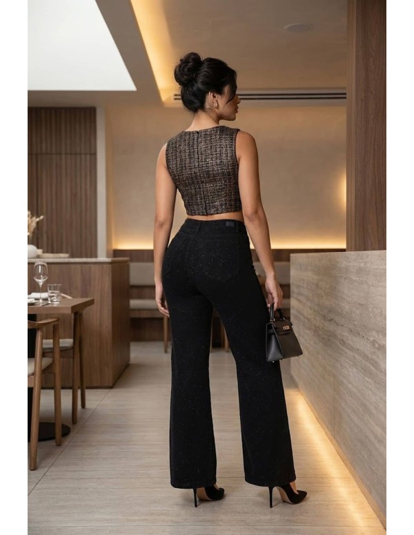 Pantalón Colombiano Wide Leg Fiara PA21093 | Corte Ancho Con Brillo Moderno